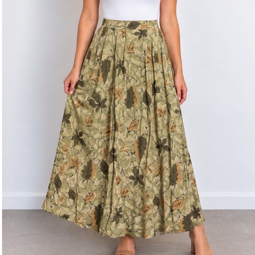 Sag Harbor Maxi Skirt Womens Medium Rayon Olive Botanical Floral Pleated Boho
